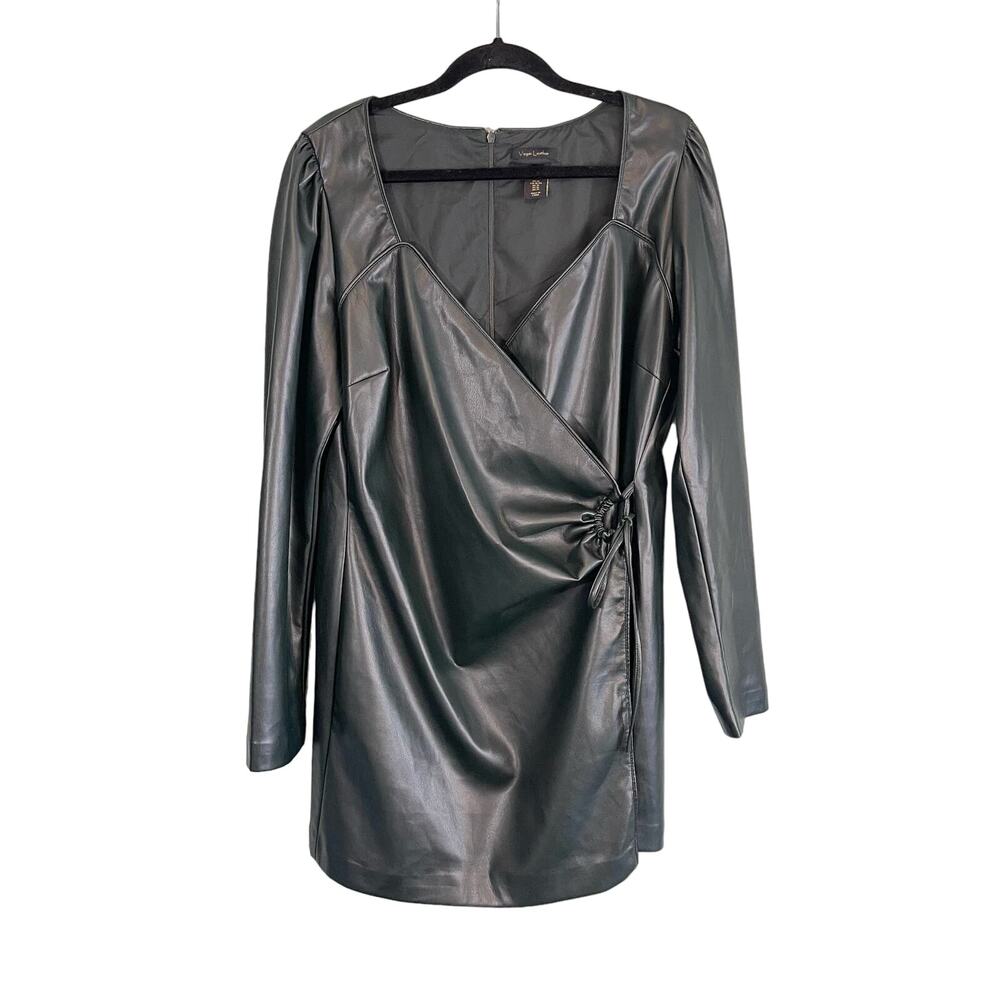 House of Harlow 1960 Wrap Dress XL Green Vegan Leather Party Club Cocktail Edgy - Picture 2 of 10